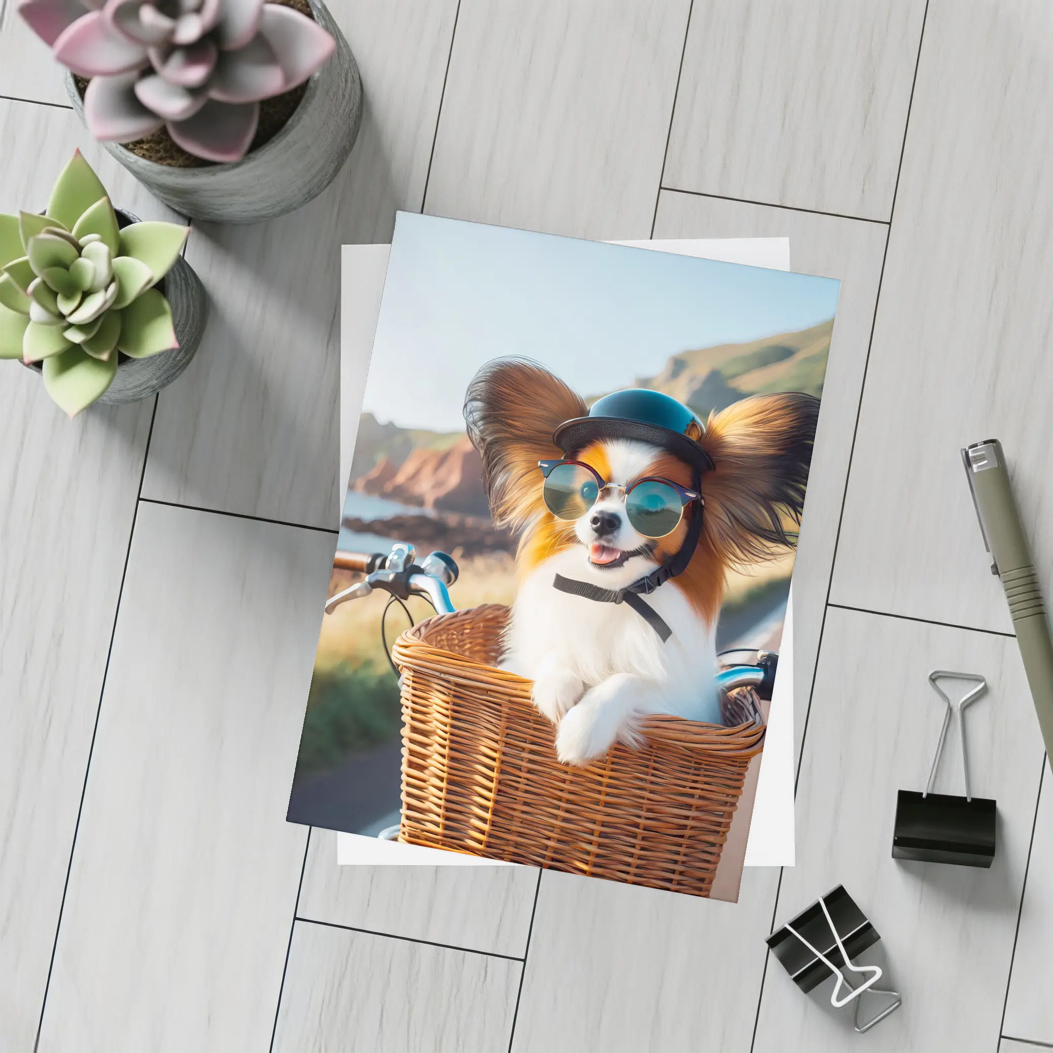 Papillon Dog Sunglasses Bicycle Basket Coastal Road – Postcards