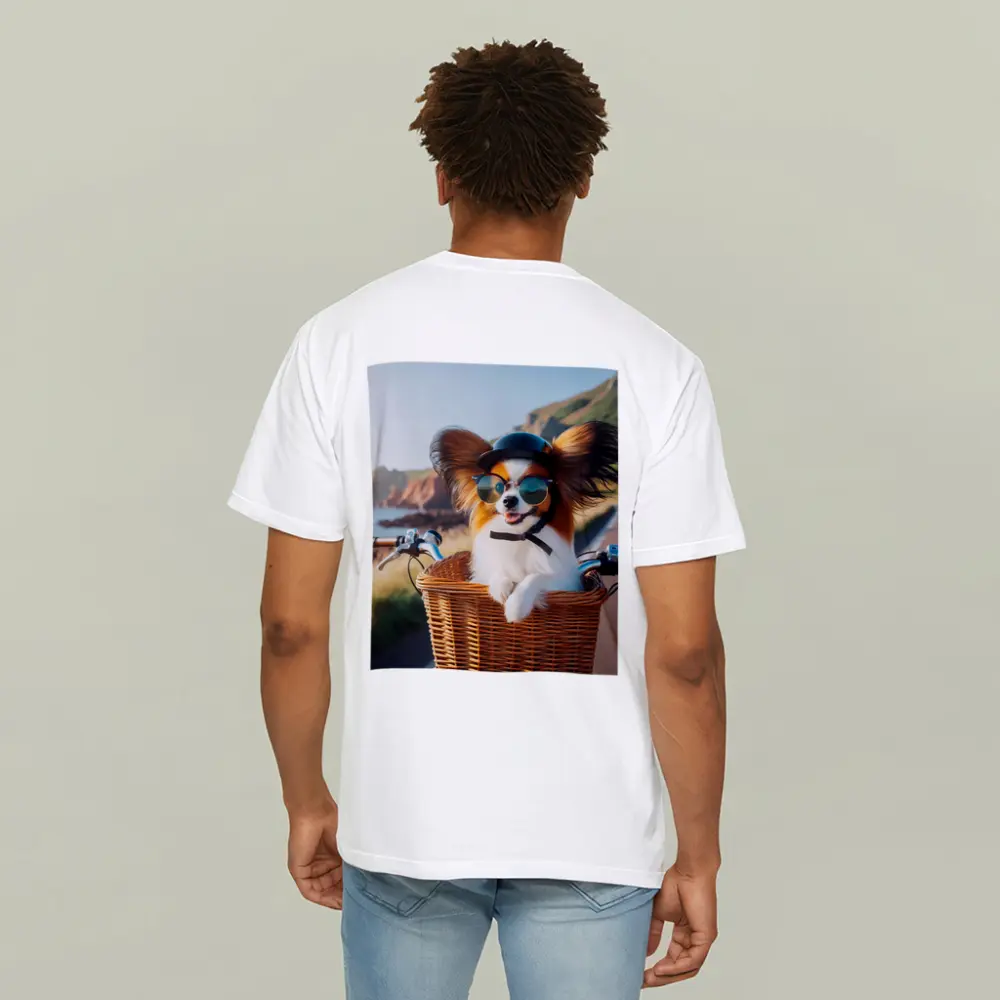 Papillon Dog Sunglasses Bicycle Basket Coastal Road – T-Shirts