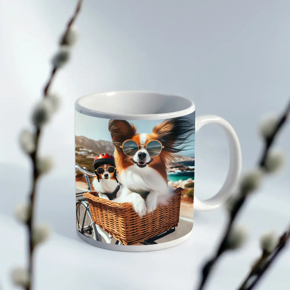 Papillon Dogs Sunglasses Bicycle Basket Coastal – Mugs