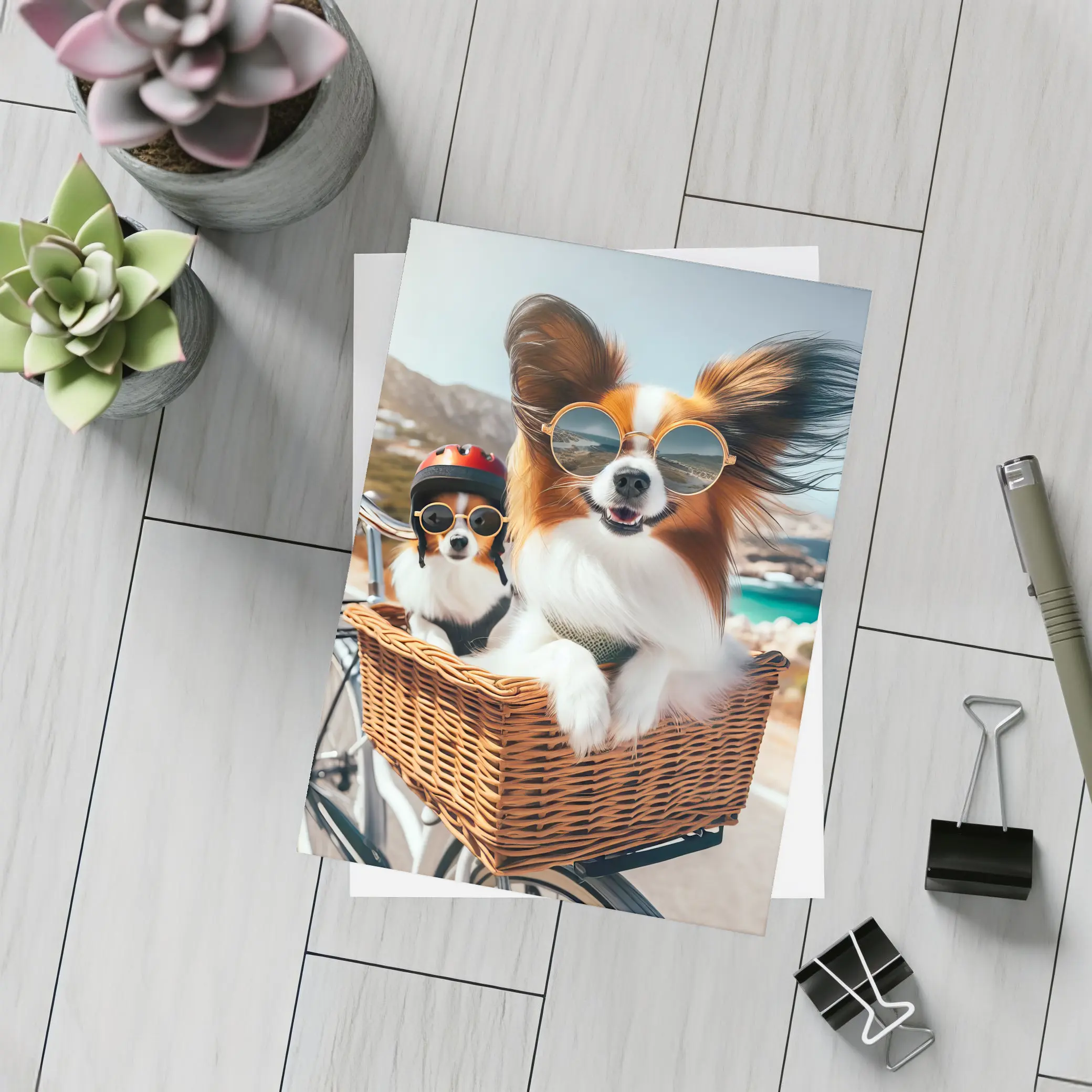 Papillon Dogs Sunglasses Bicycle Basket Coastal – Postcards