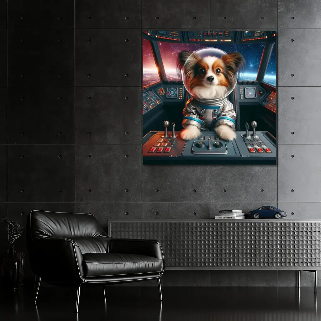 Papillon Dog Astronaut Piloting Space Cockpit – Wall Art