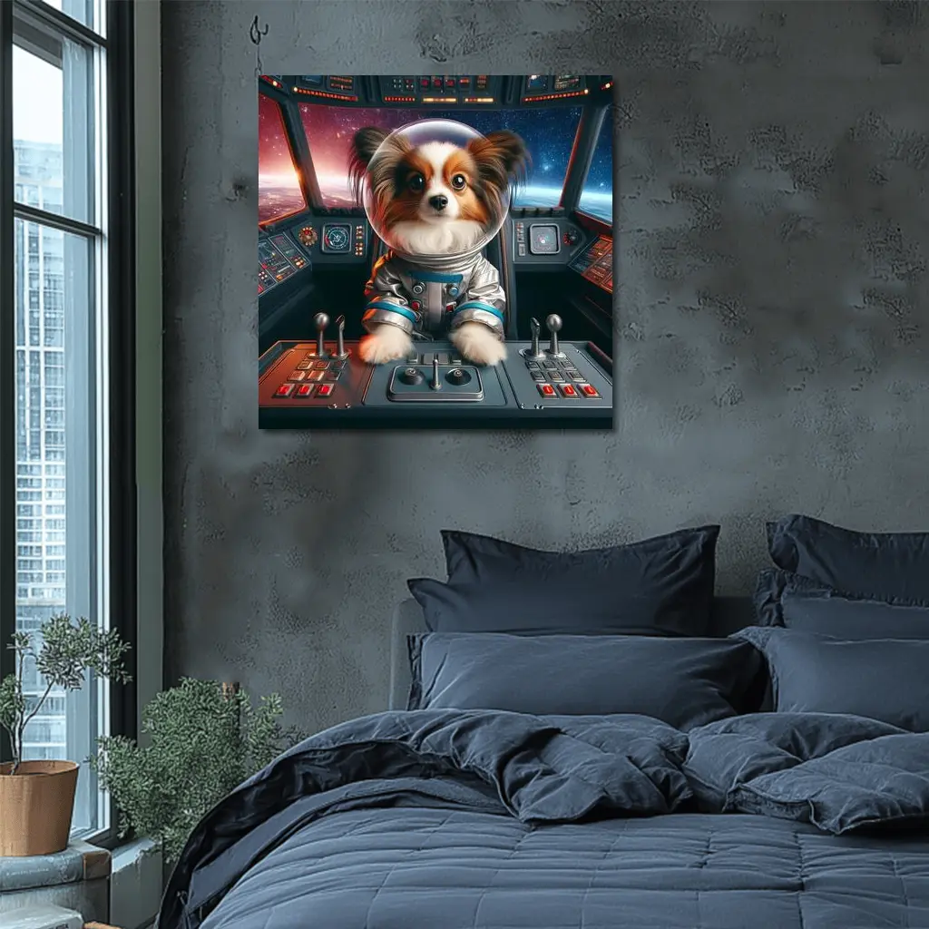 Papillon Dog Astronaut Piloting Space Cockpit – Wall Art