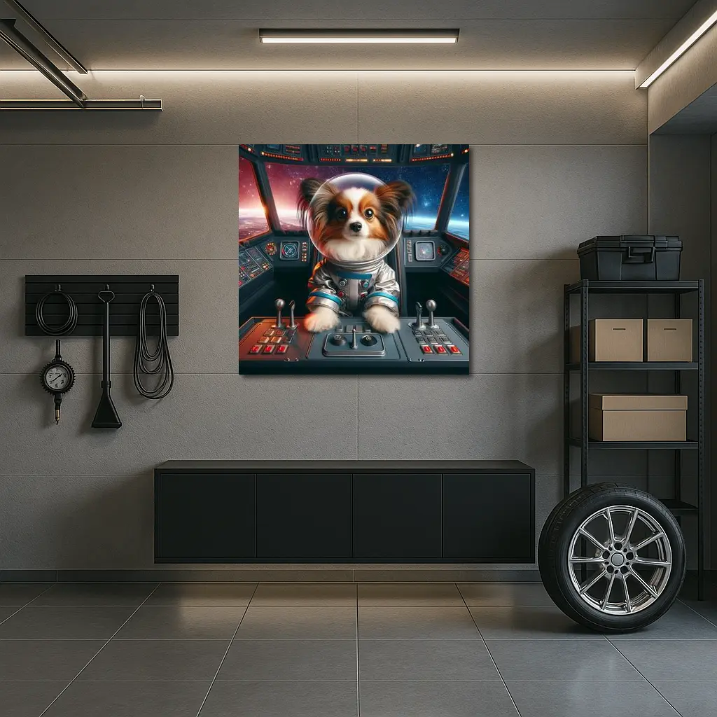 Papillon Dog Astronaut Piloting Space Cockpit – Wall Art