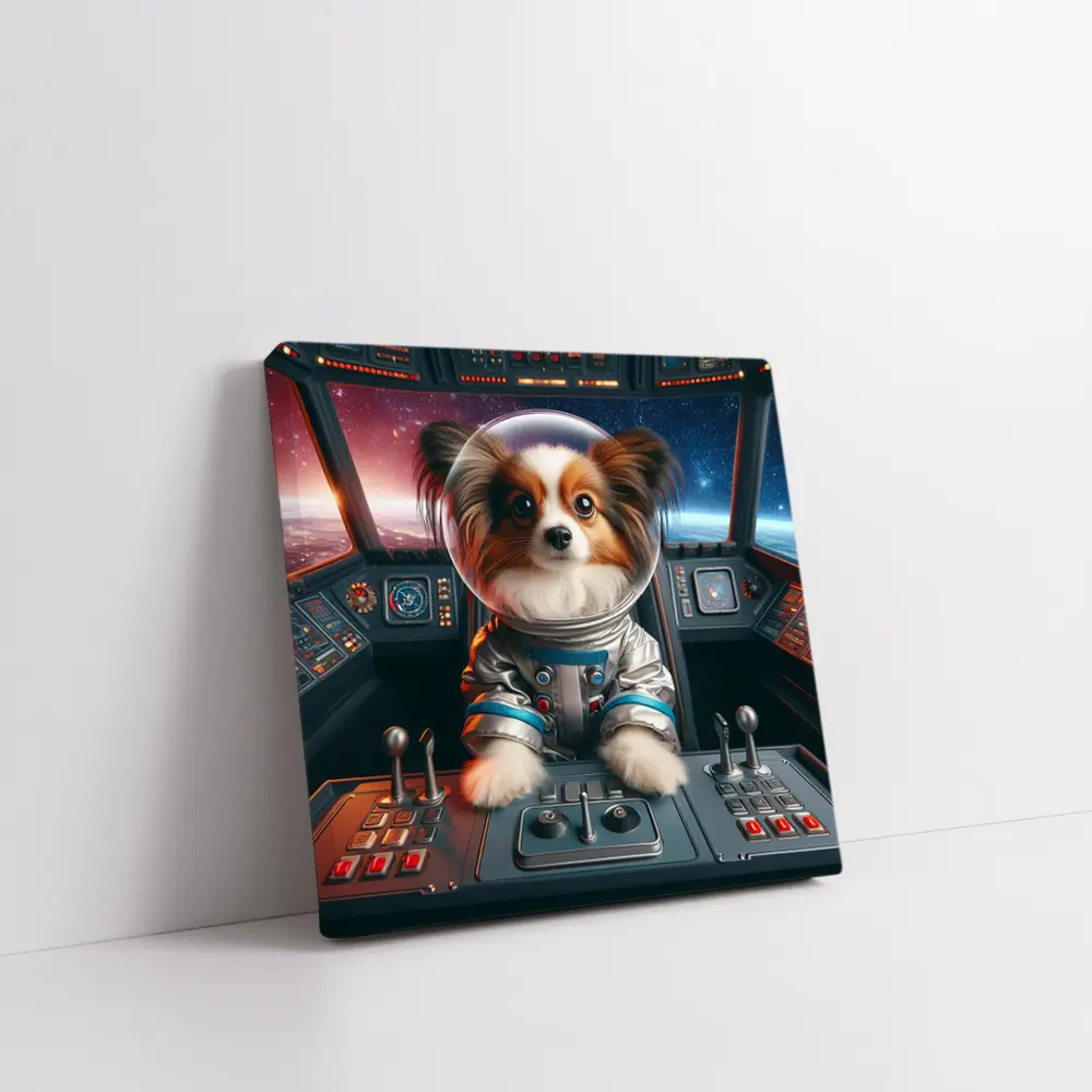 Papillon Dog Astronaut Piloting Space Cockpit – Wall Art