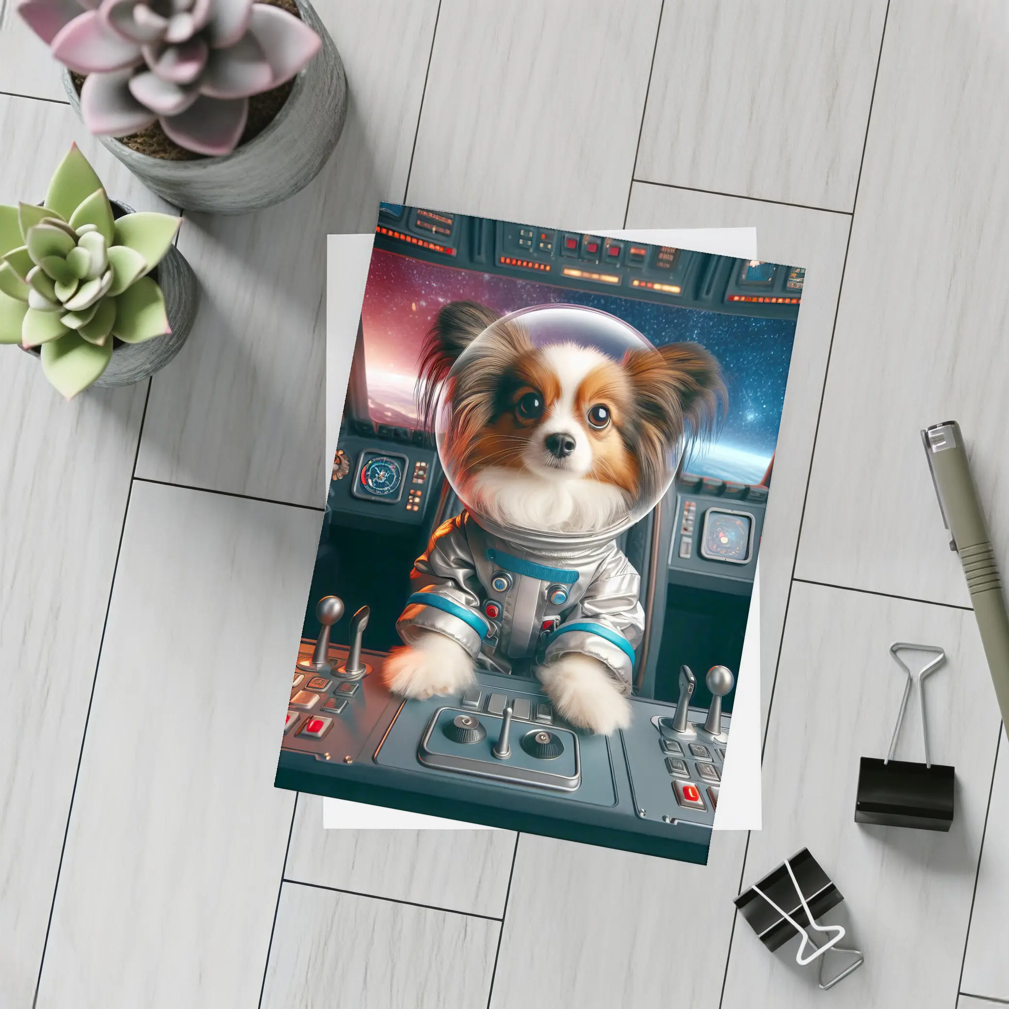 Papillon Dog Astronaut Piloting Space Cockpit – Postcards