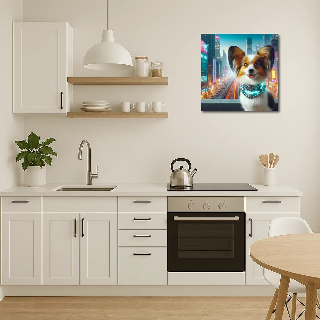 Papillon Dog Cyberpunk Neon City Background – Wall Art