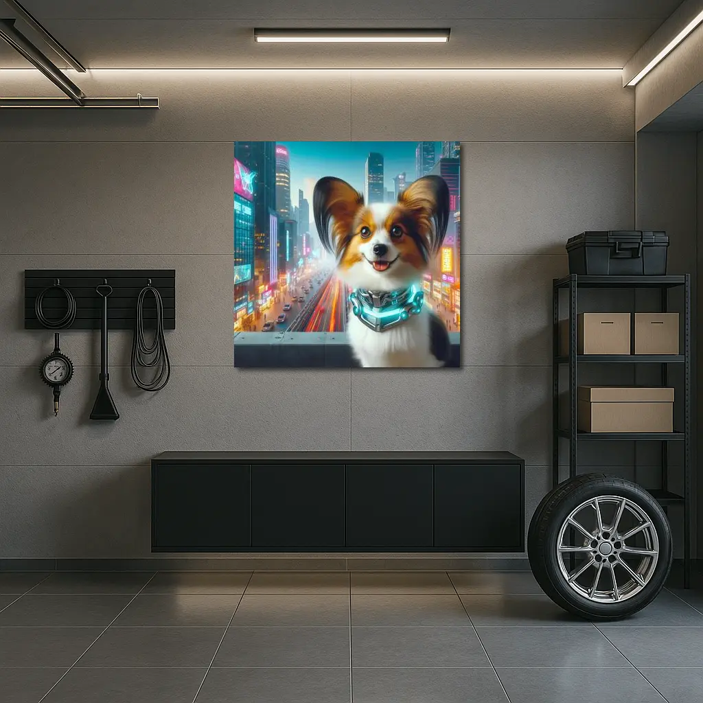 Papillon Dog Cyberpunk Neon City Background – Wall Art