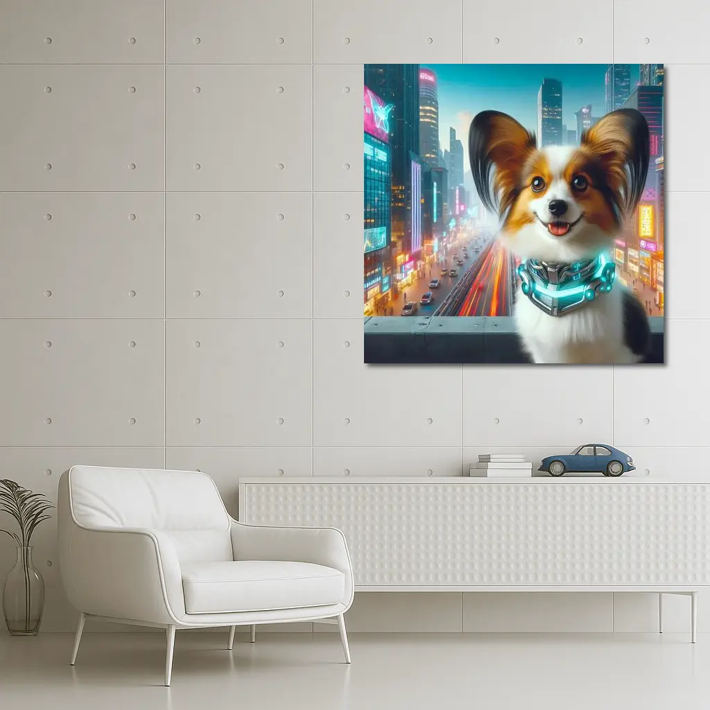 Papillon Dog Cyberpunk Neon City Background – Wall Art