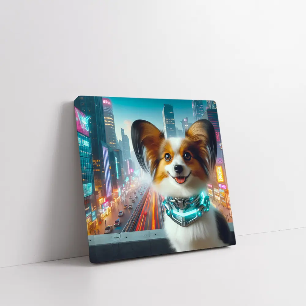 Papillon Dog Cyberpunk Neon City Background – Wall Art