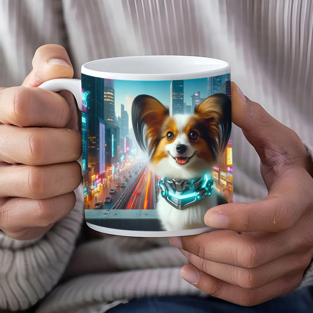 Papillon Dog Cyberpunk Neon City Background – Mugs