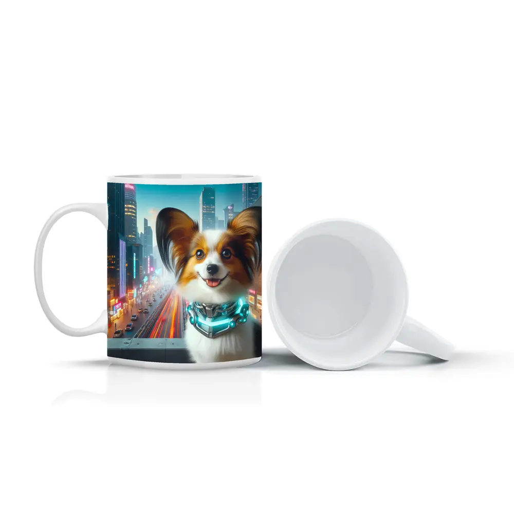 Papillon Dog Cyberpunk Neon City Background – Mugs