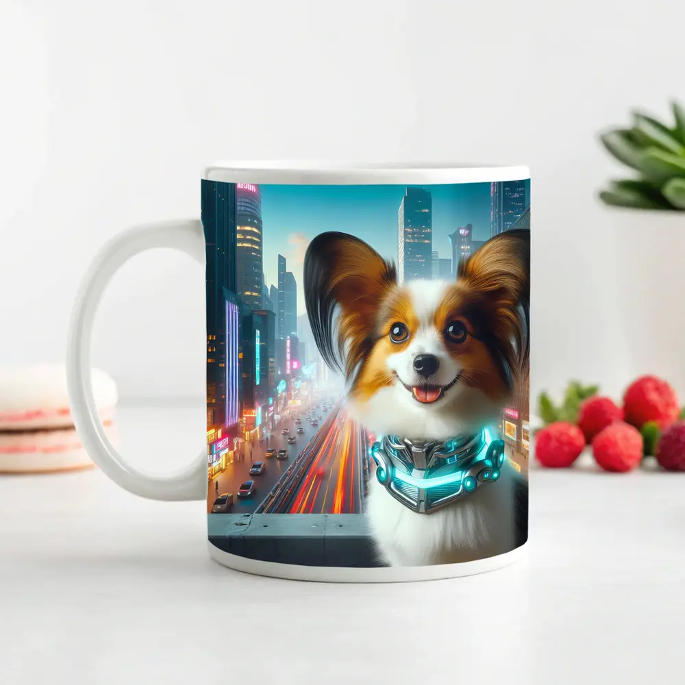 Papillon Dog Cyberpunk Neon City Background – Mugs