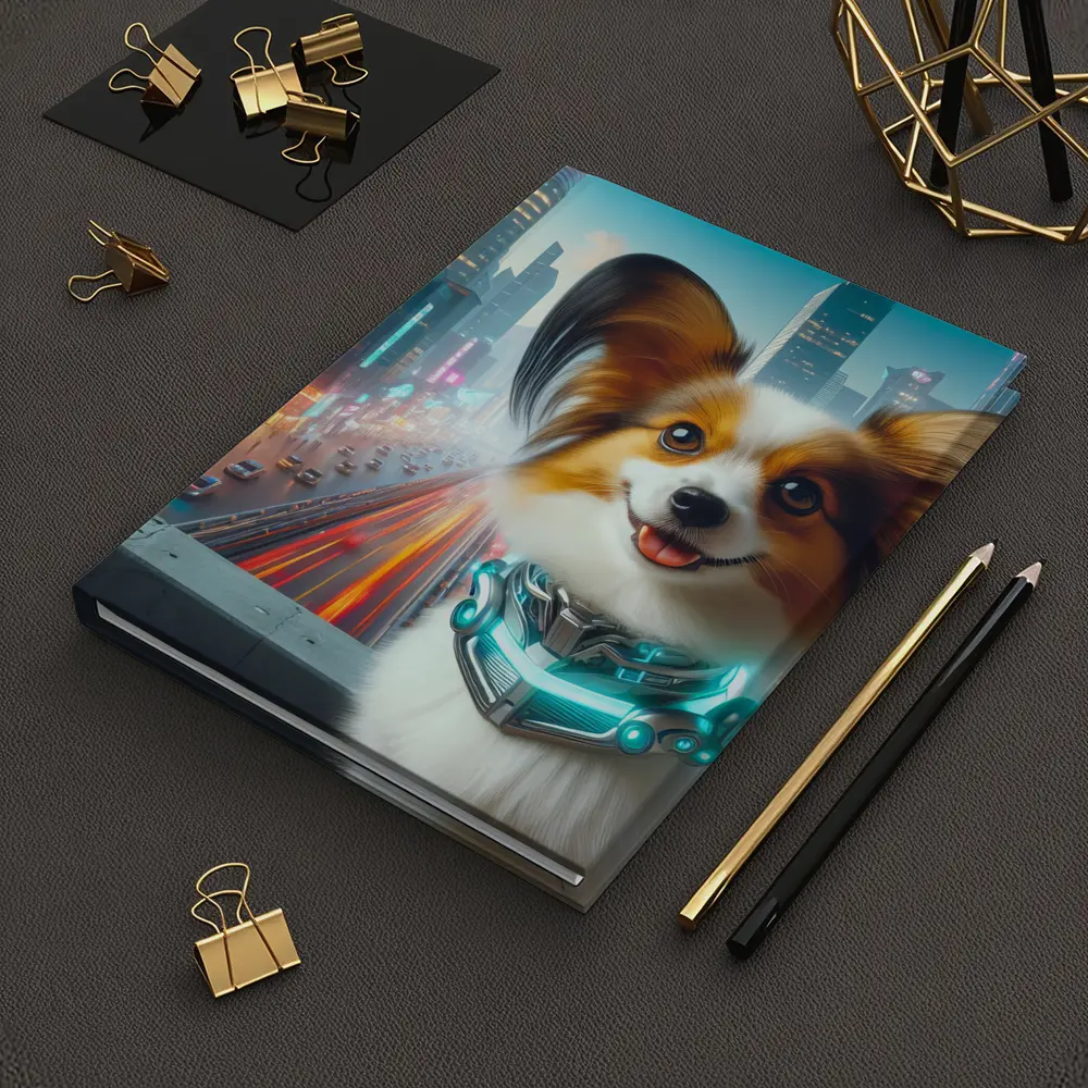 Papillon Dog Cyberpunk Neon City Background – Notebooks