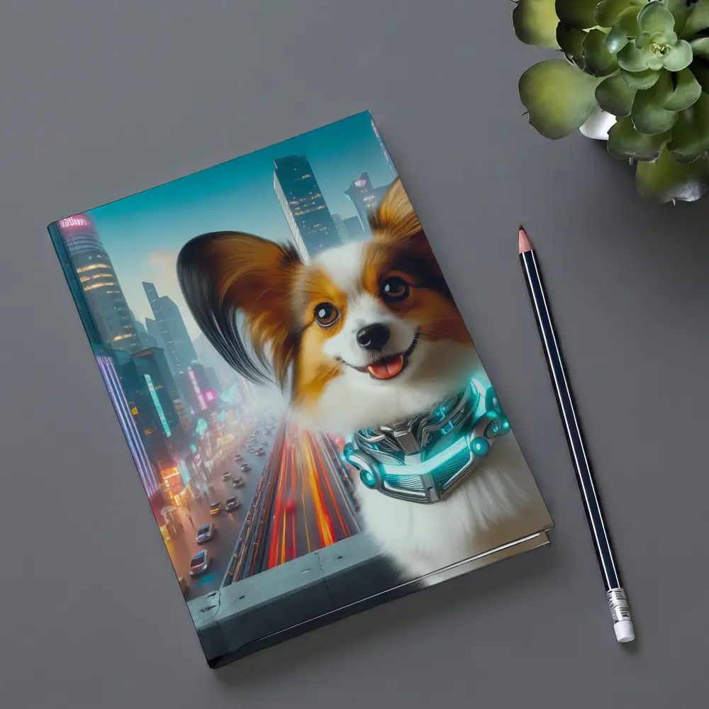 Papillon Dog Cyberpunk Neon City Background – Notebooks