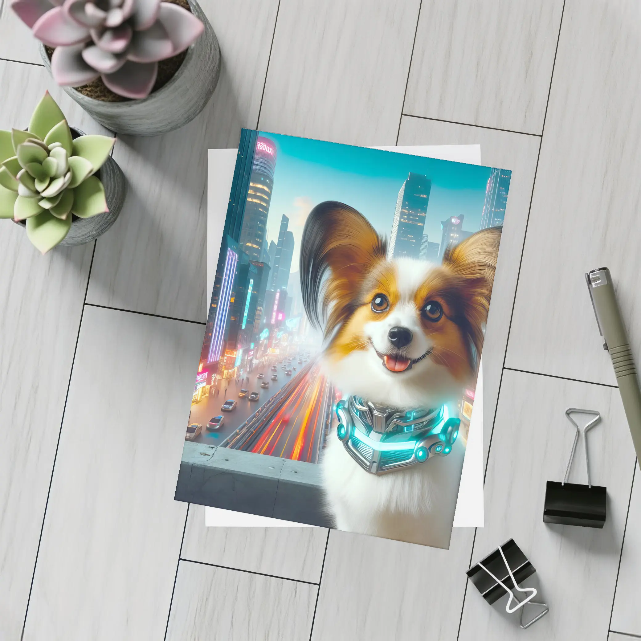 Papillon Dog Cyberpunk Neon City Background – Postcards