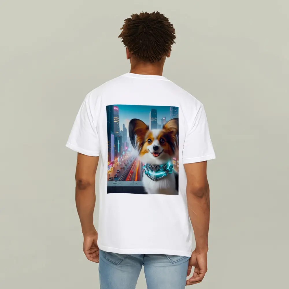 Papillon Dog Cyberpunk Neon City Background – T-Shirts