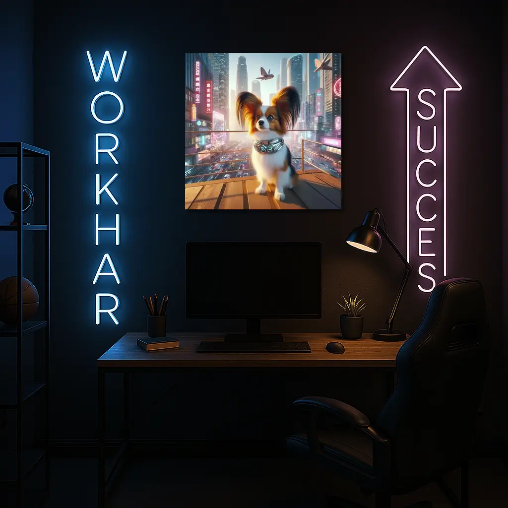 Papillon Dog Futuristic Neon City Skyline – Wall Art