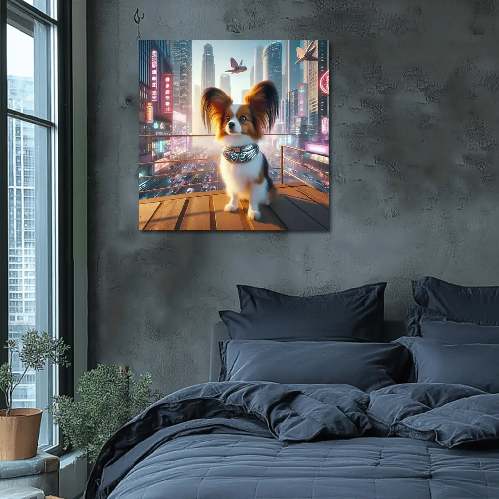 Papillon Dog Futuristic Neon City Skyline – Wall Art