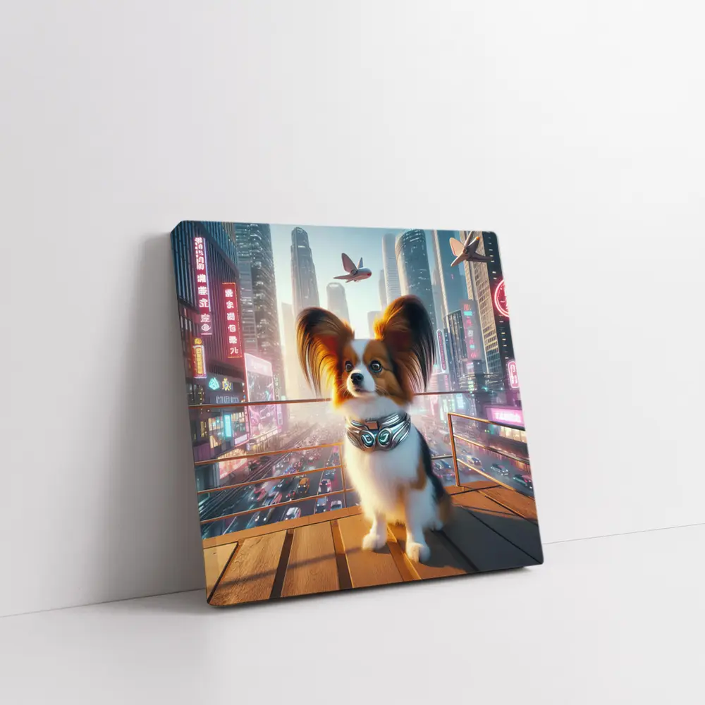 Papillon Dog Futuristic Neon City Skyline – Wall Art