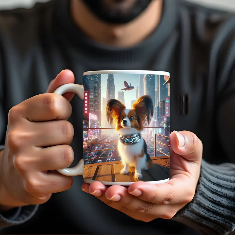 Papillon Dog Futuristic Neon City Skyline – Mugs