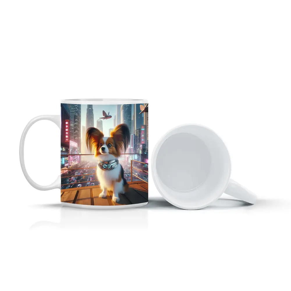 Papillon Dog Futuristic Neon City Skyline – Mugs