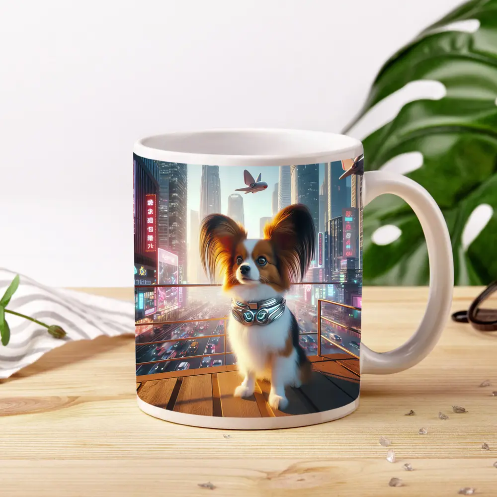 Papillon Dog Futuristic Neon City Skyline – Mugs