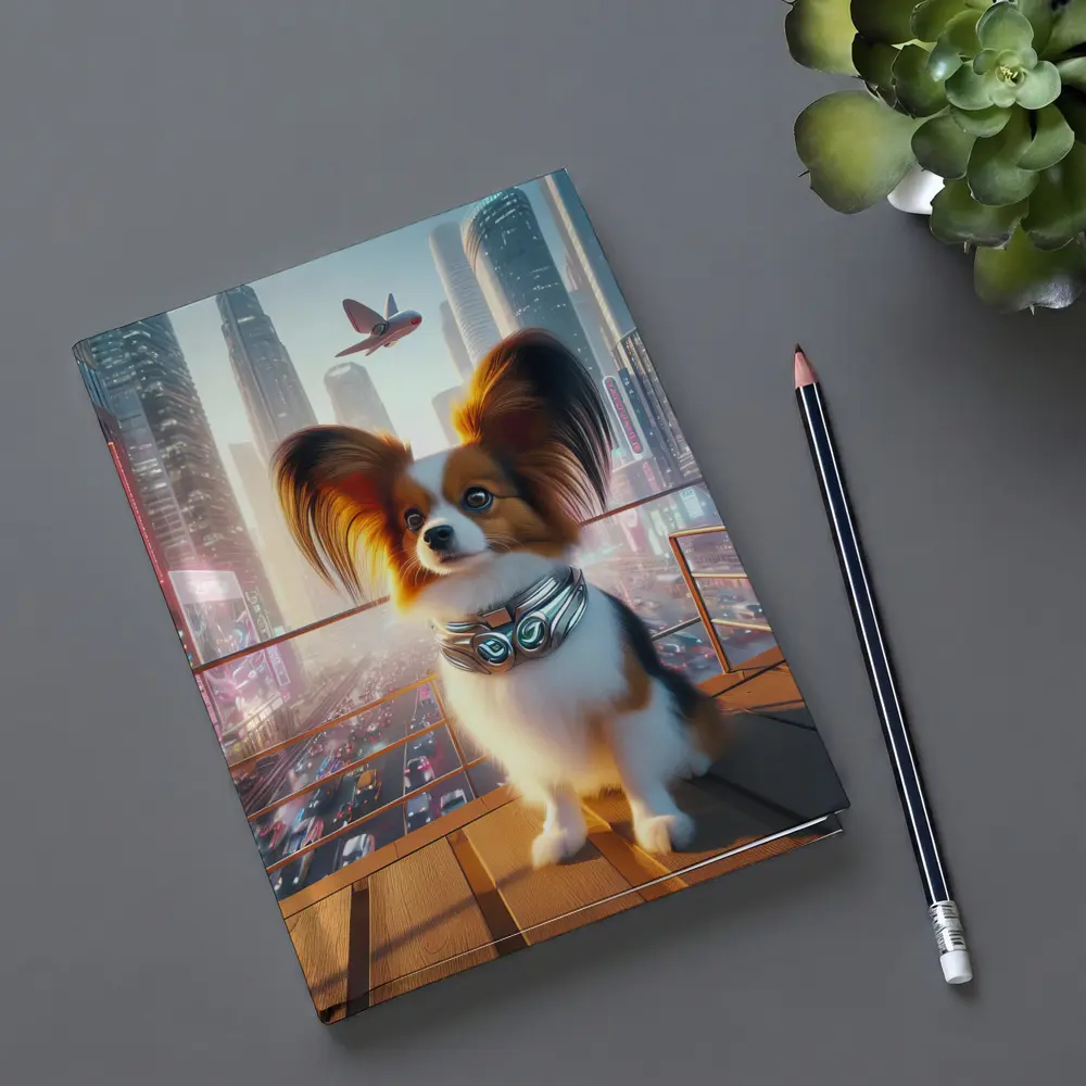 Papillon Dog Futuristic Neon City Skyline – Notebooks