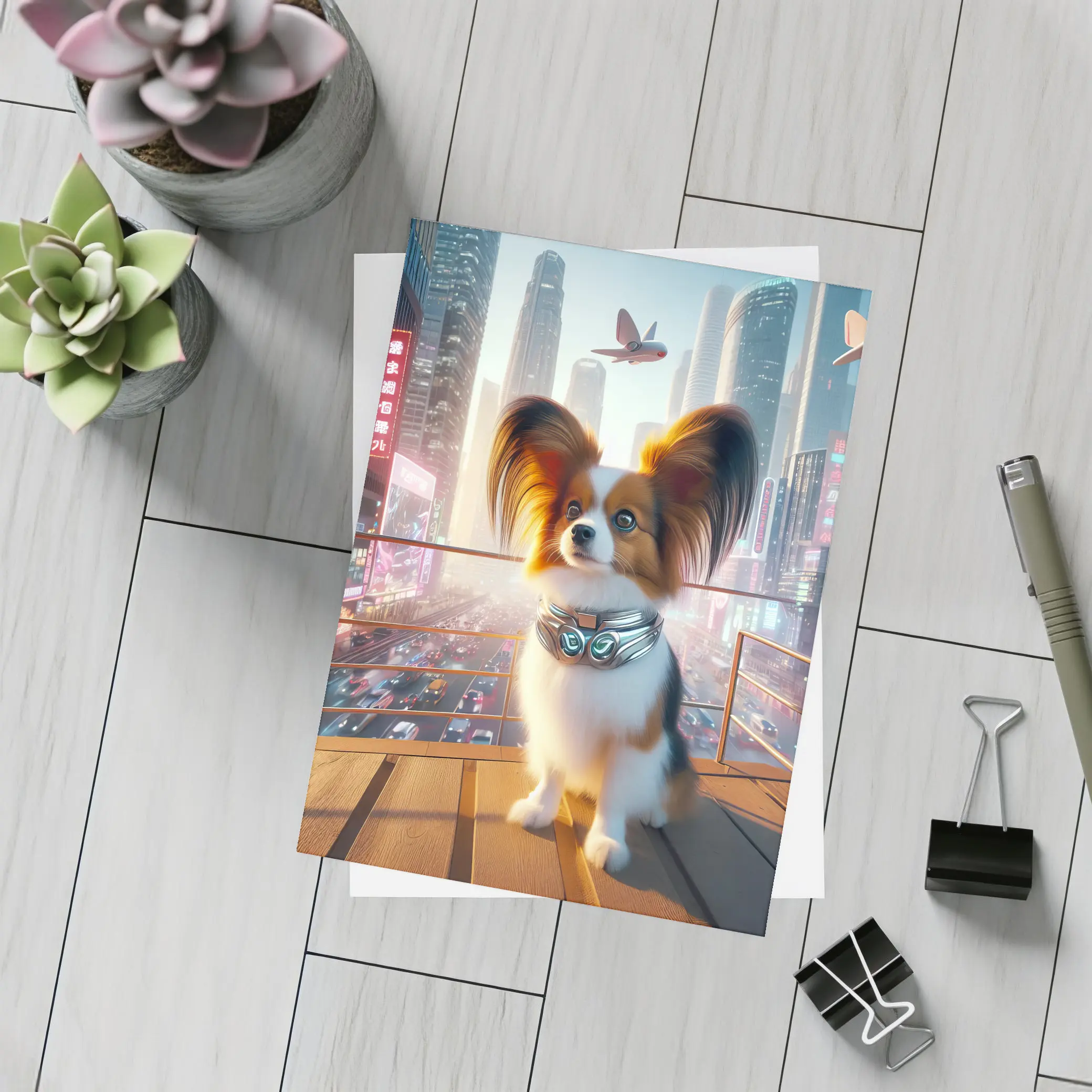 Papillon Dog Futuristic Neon City Skyline – Postcards