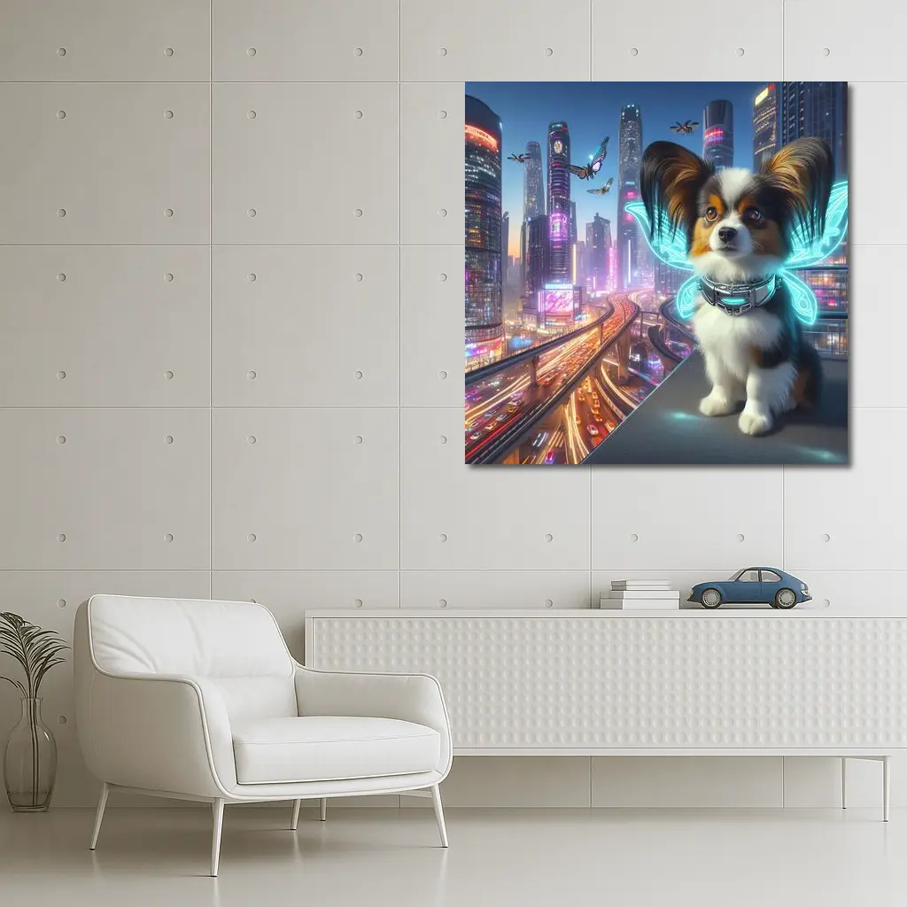 Papillon Puppy Neon Cyberpunk City Night – Wall Art