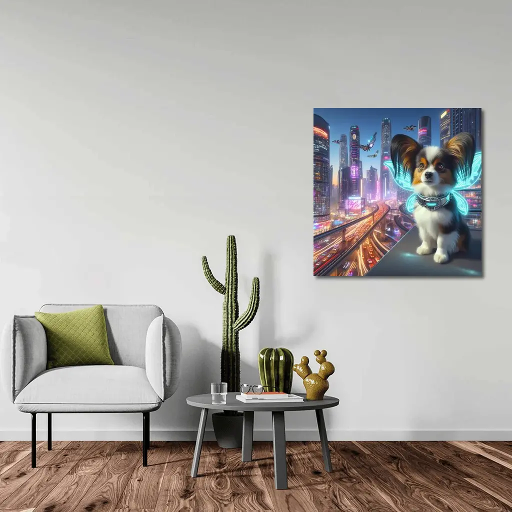 Papillon Puppy Neon Cyberpunk City Night – Wall Art