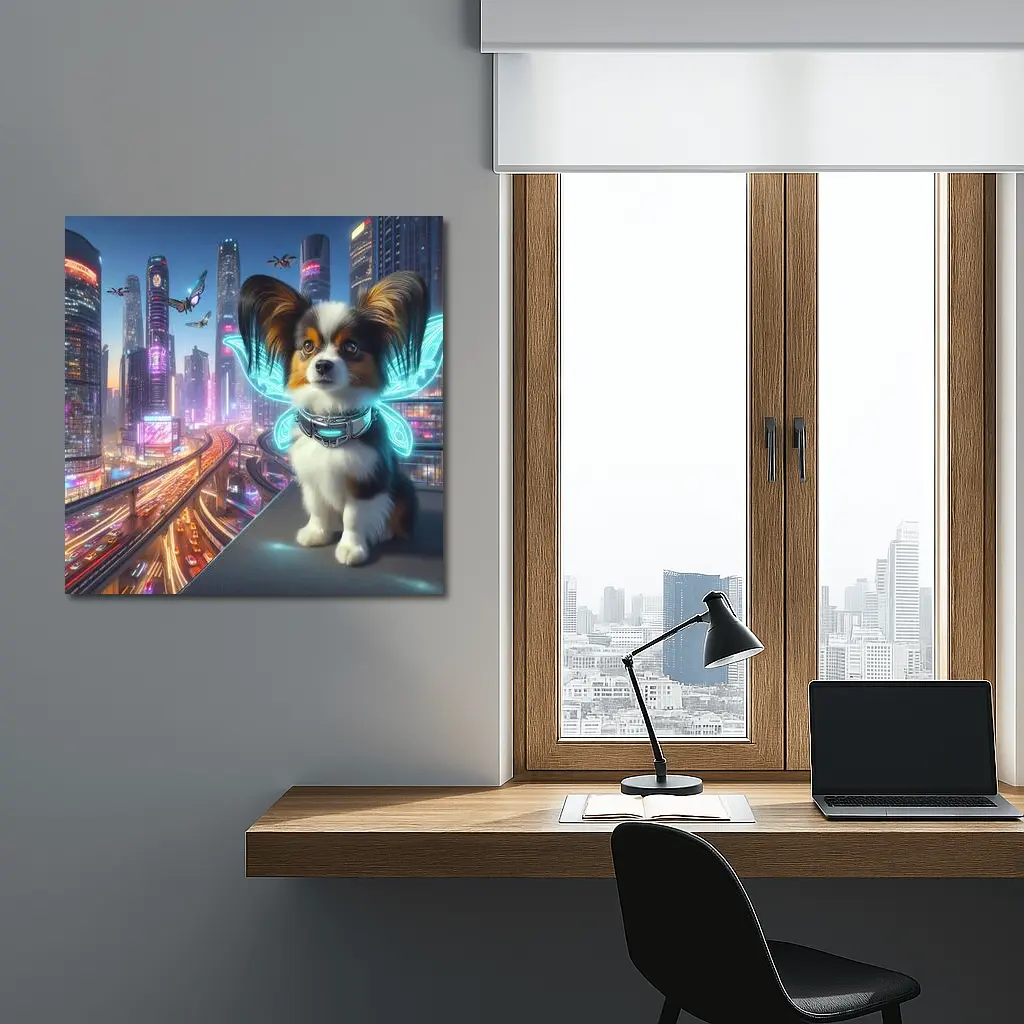 Papillon Puppy Neon Cyberpunk City Night – Wall Art
