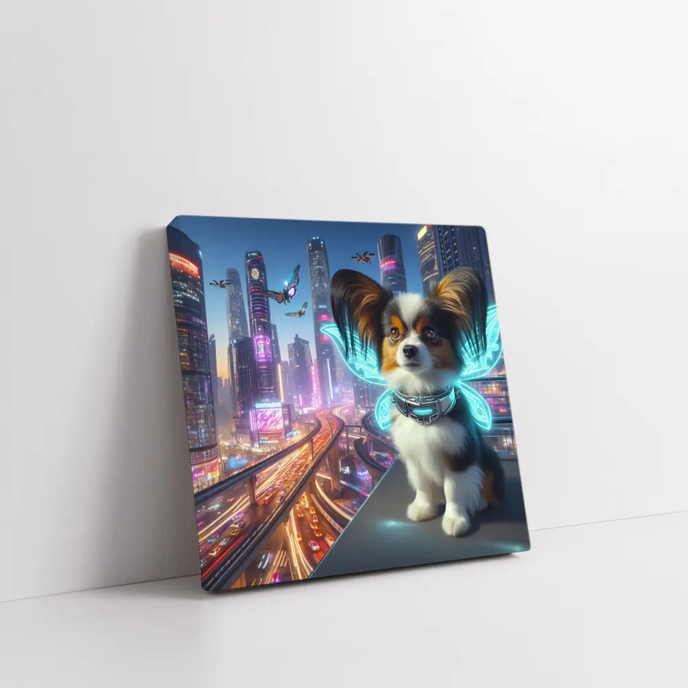 Papillon Puppy Neon Cyberpunk City Night – Wall Art