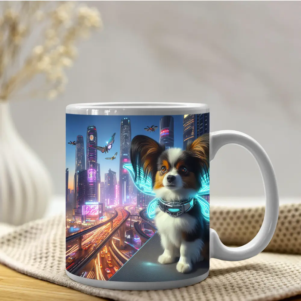 Papillon Puppy Neon Cyberpunk City Night – Mugs