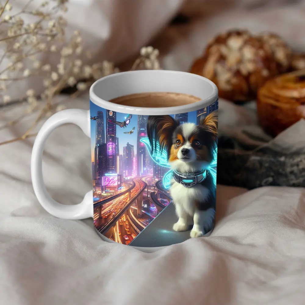 Papillon Puppy Neon Cyberpunk City Night – Mugs