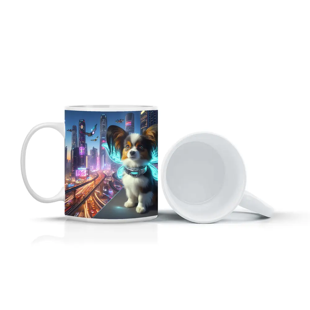 Papillon Puppy Neon Cyberpunk City Night – Mugs
