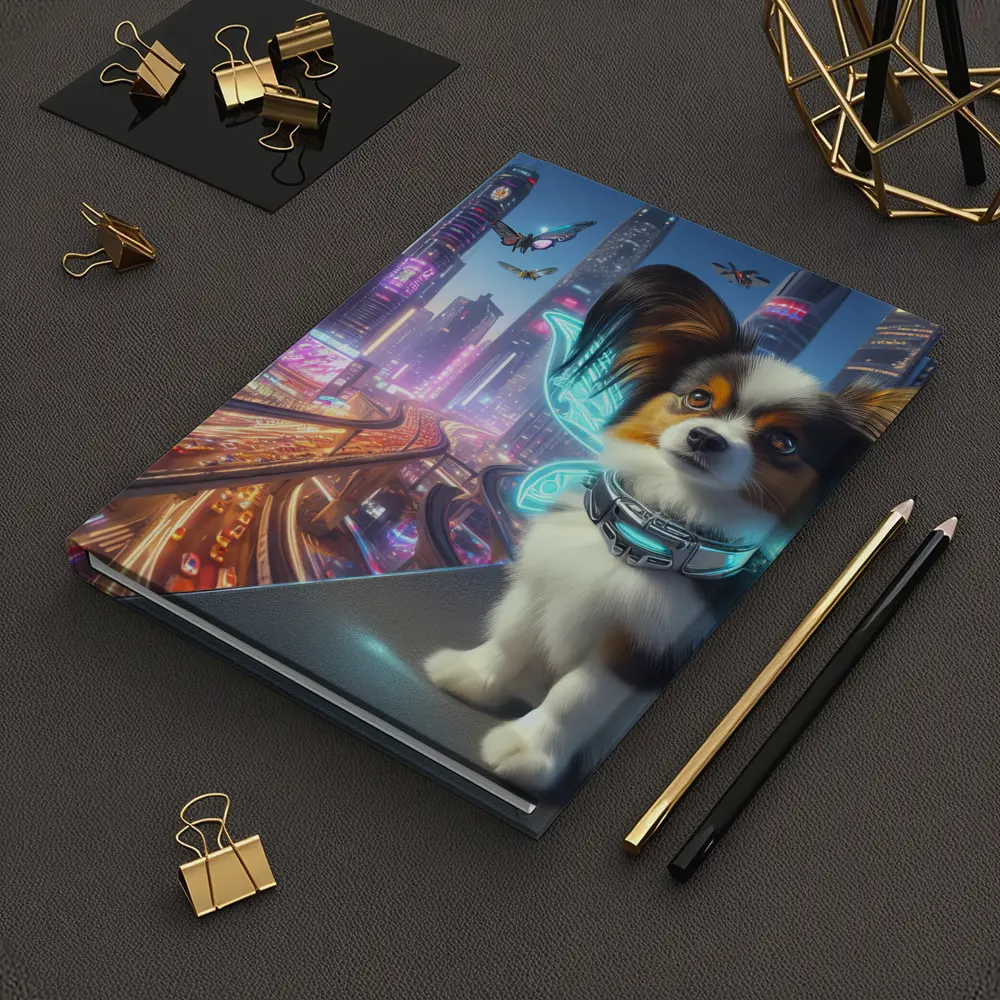 Papillon Puppy Neon Cyberpunk City Night – Notebooks