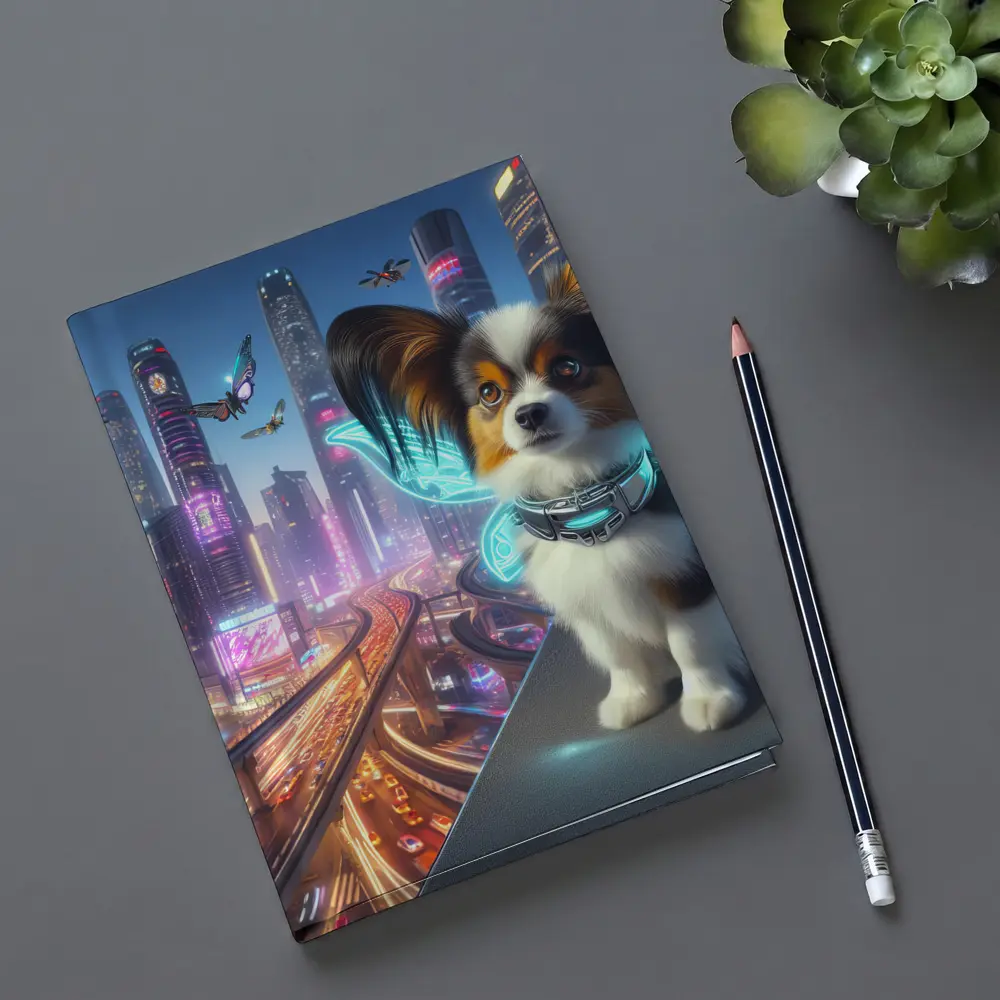 Papillon Puppy Neon Cyberpunk City Night – Notebooks