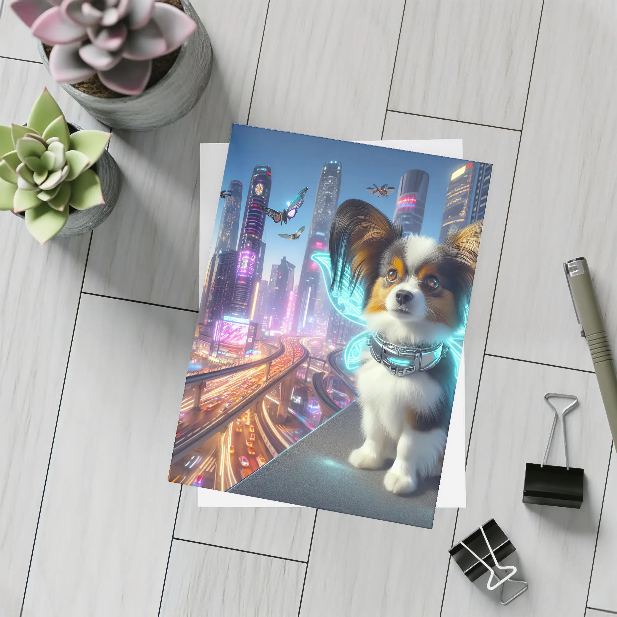 Papillon Puppy Neon Cyberpunk City Night – Postcards