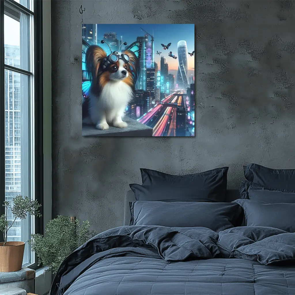 Papillon Dog Cyberpunk City Neon Night – Wall Art