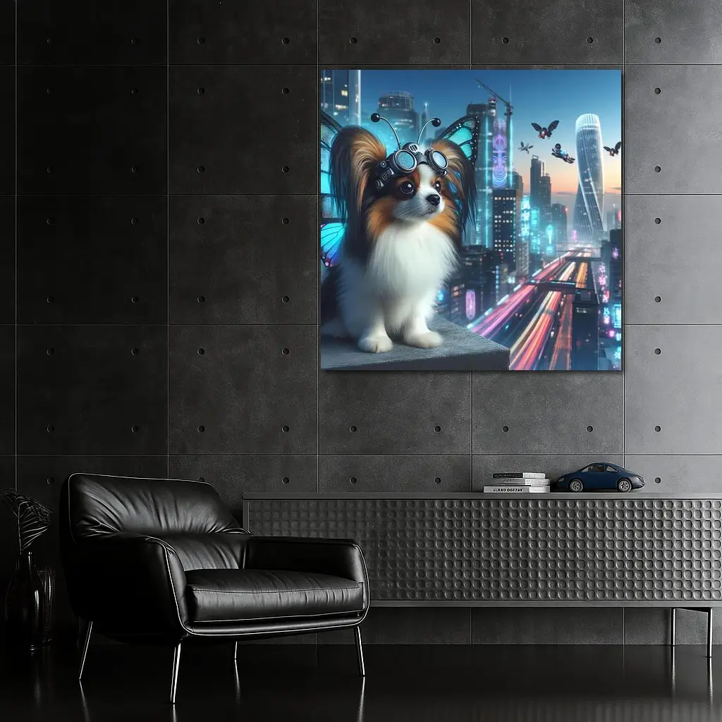 Papillon Dog Cyberpunk City Neon Night – Wall Art