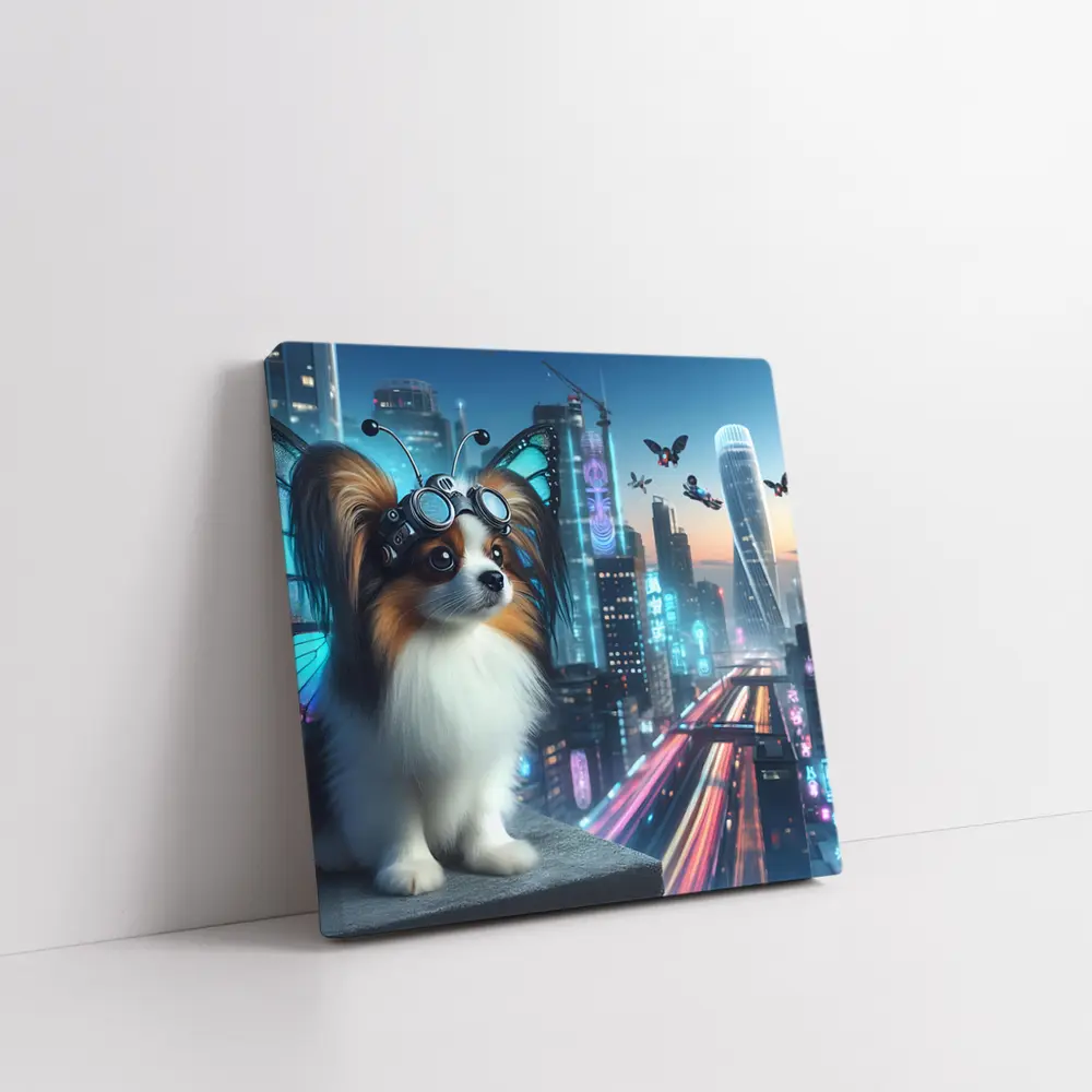 Papillon Dog Cyberpunk City Neon Night – Wall Art