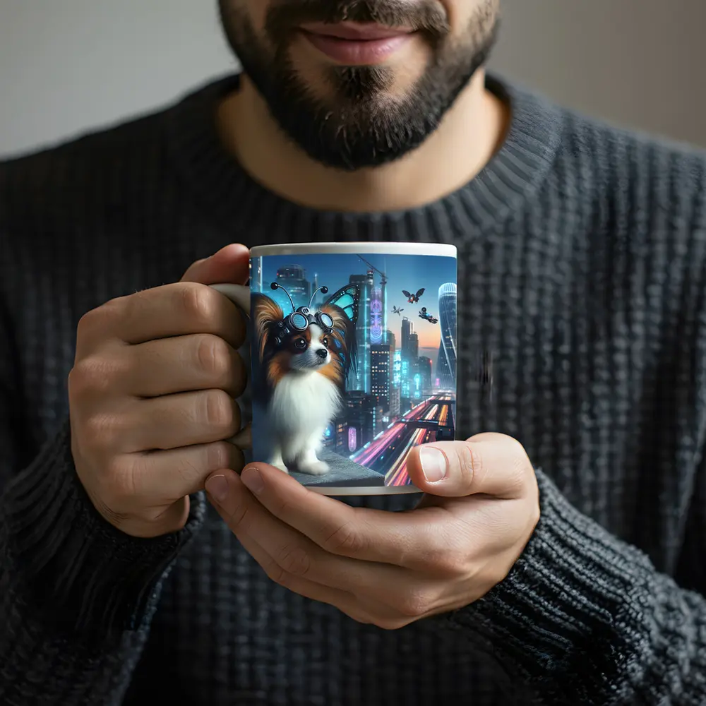 Papillon Dog Cyberpunk City Neon Night – Mugs