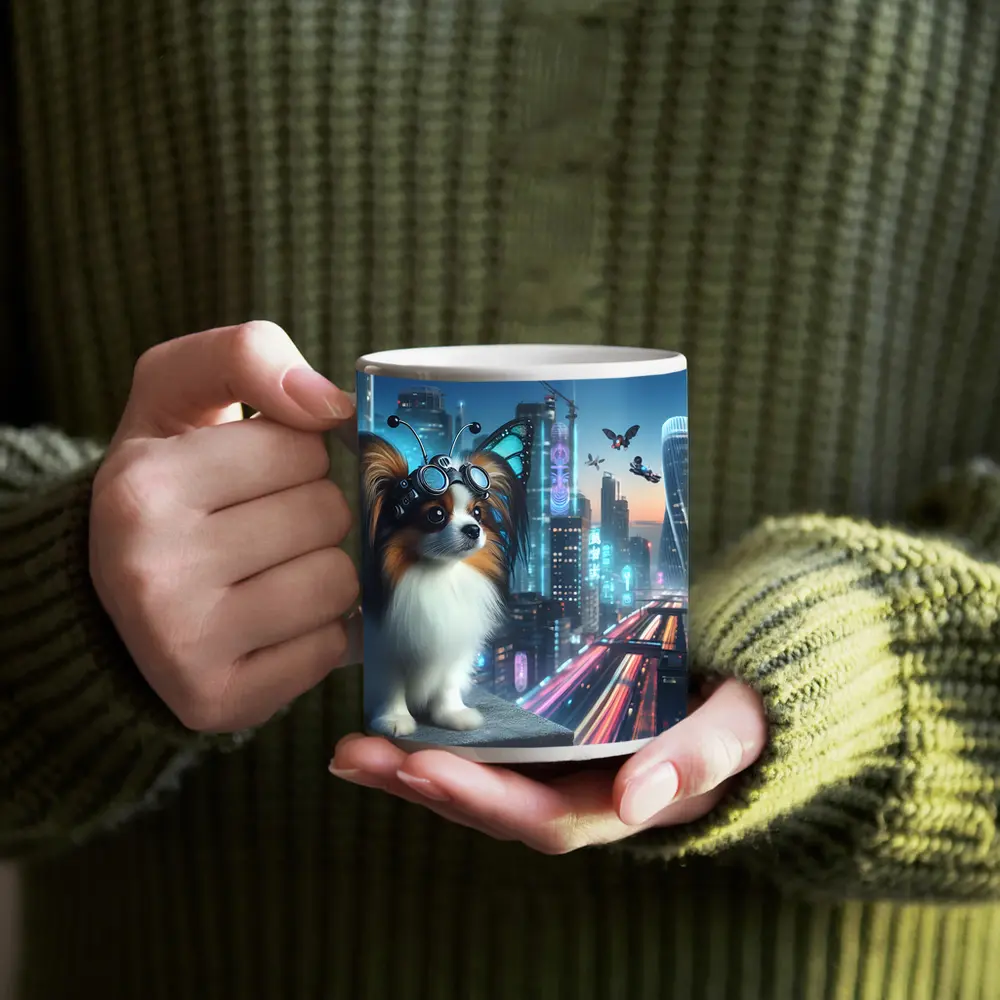 Papillon Dog Cyberpunk City Neon Night – Mugs