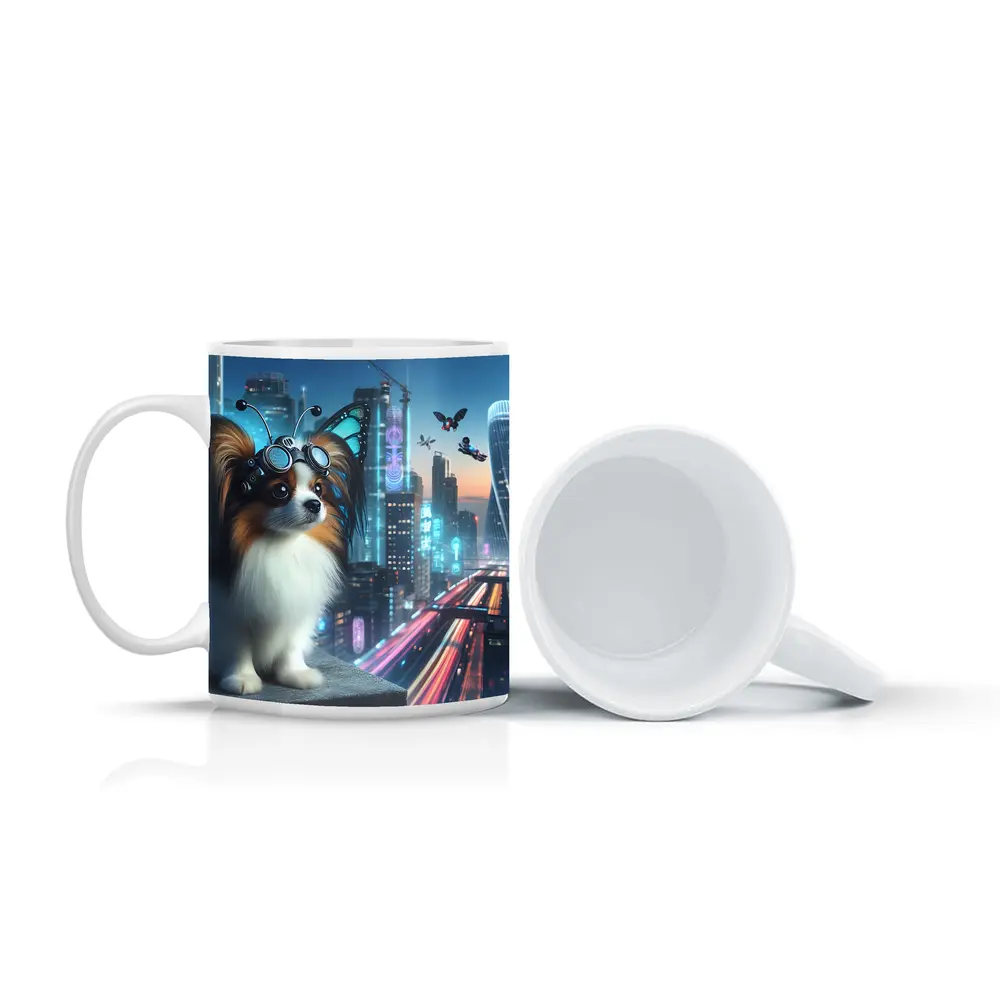 Papillon Dog Cyberpunk City Neon Night – Mugs