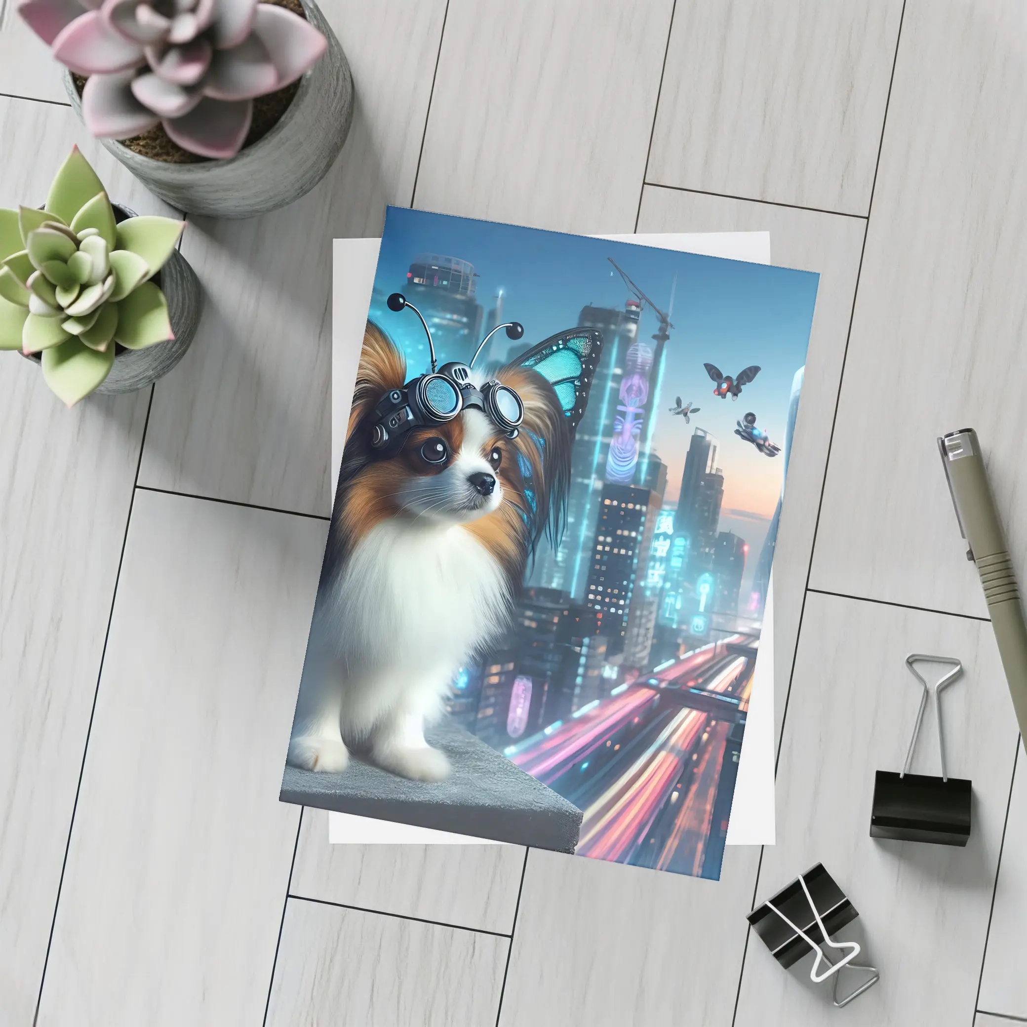 Papillon Dog Cyberpunk City Neon Night – Postcards