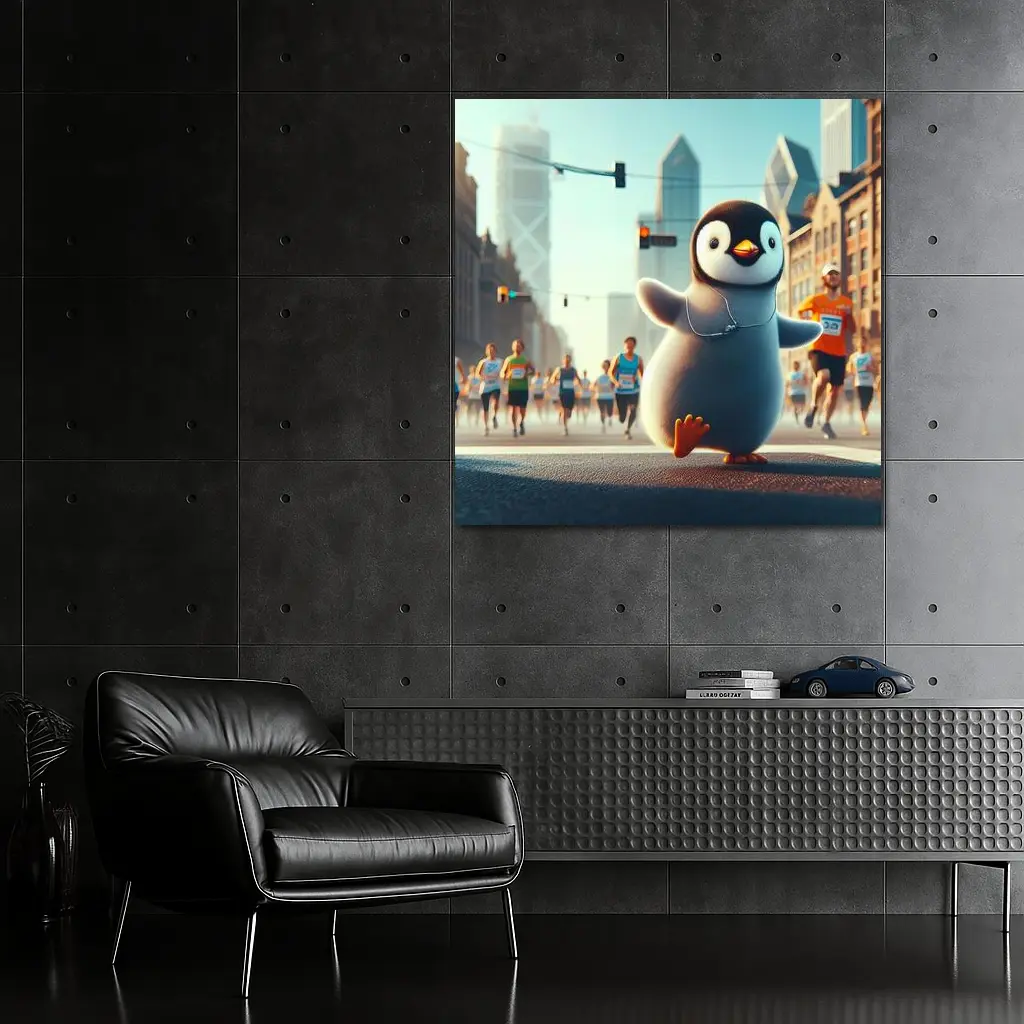 Cute Penguin Running City Street Marathon – Wall Art
