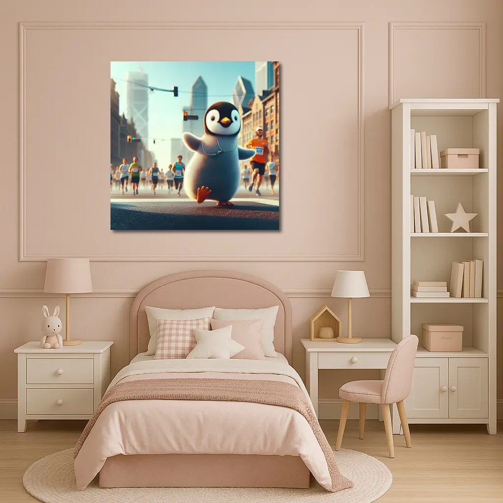 Cute Penguin Running City Street Marathon – Wall Art