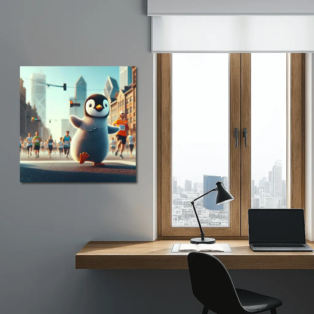 Cute Penguin Running City Street Marathon – Wall Art