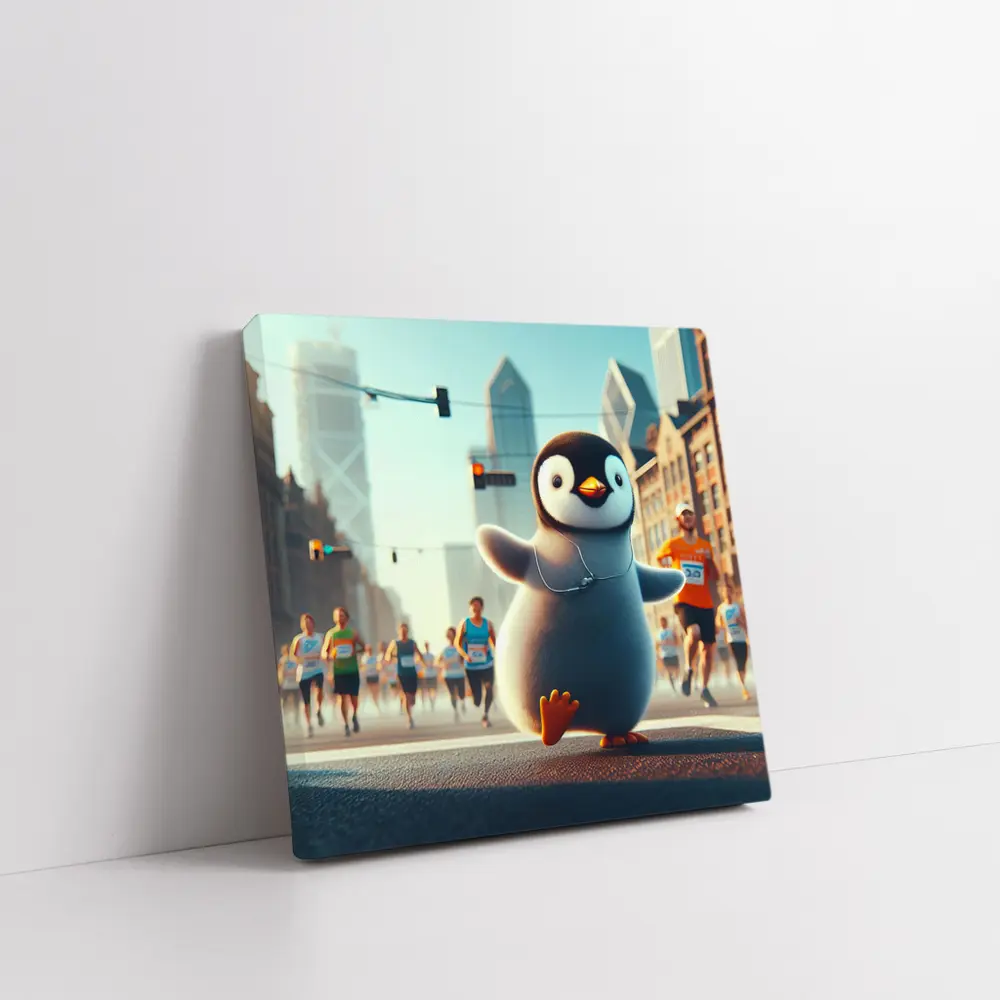 Cute Penguin Running City Street Marathon – Wall Art