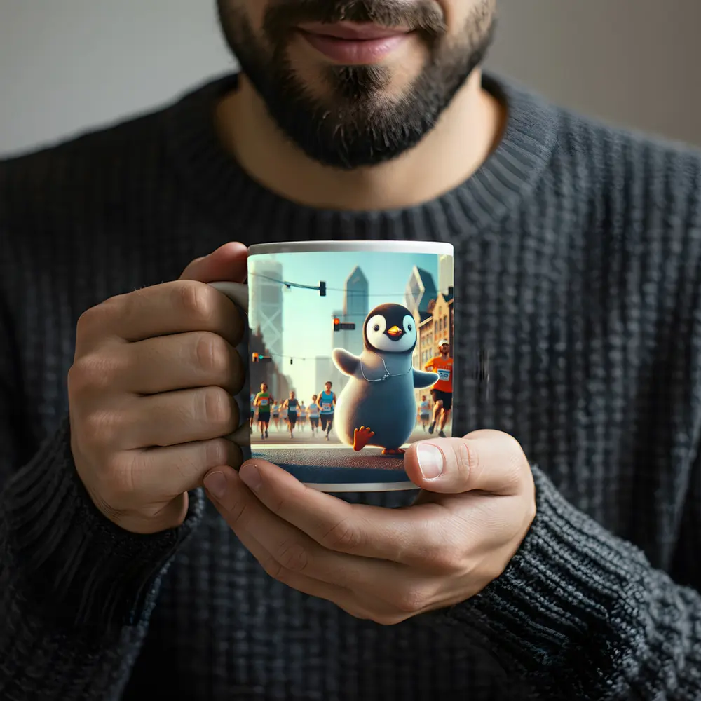 Cute Penguin Running City Street Marathon – Mugs